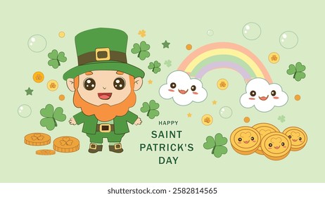  A fun and colorful St. Patrick's Day greeting card featuring a cute leprechaun with a green hat, clovers, coins, a rainbow, and clouds, creating a joyful and playful holiday atmosphere