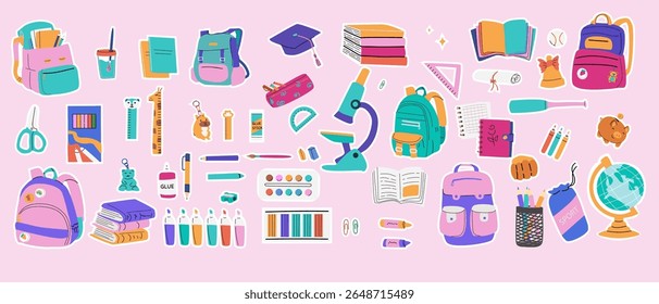 Fun and colorful stationery and art supplies for elementary school children - vector stickers for decoration and crafts. Back to school clip arts, design elements.