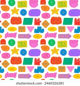 Fun colorful sticker seamless pattern. Retro comic style cartoon background illustration. Doodle quote label wallpaper print, funny chat texture with modern slang and positive words.