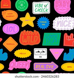 Fun colorful sticker seamless pattern. Retro comic style cartoon background illustration. Doodle quote label wallpaper print, funny chat texture with modern slang and positive words.