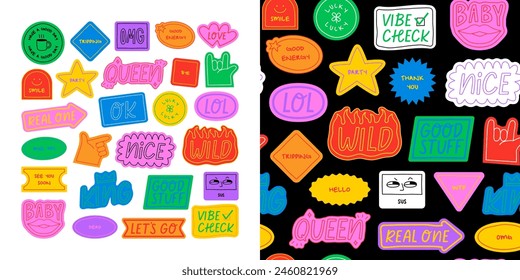 Divertido conjunto de pegatinas de colores. Estilo retro de los años 90 dibujado a mano doodle cita etiqueta ilustración de fondo. Divertido Fondo de pantalla de texto de chat impreso con palabras en jerga moderna. Diseño de textura superficial.