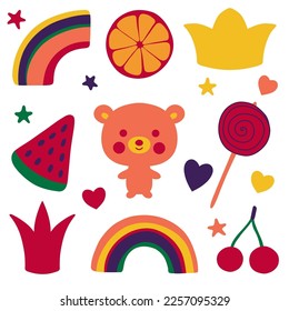 Fun colorful stickers collection in kid core style. Simple and playful doodle set.