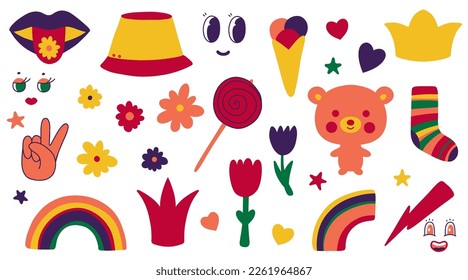 Fun colorful stickers collection in kid core style. Simple and playful doodle set.