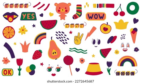 Fun colorful stickers collection in kid core style. Simple and playful doodle set.