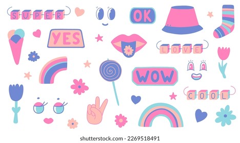 Fun colorful stickers collection in y2k style. Simple and playful doodle set.