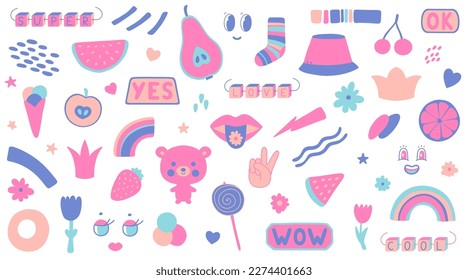 Fun colorful stickers collection in y2k style. Girly doodle set.