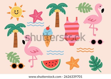 Fun and colorful summer beach elements in a flat cute style. Includes flamingos, palm trees, swimsuit, ice cream, watermelon, sun, sunglasses, and tropical leaves. Perfect for summer party holiday.