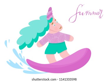 Fun; colorful summer card with cute unicorn  on the surf. Hand Drawn card for summer beach party. Vector illustration