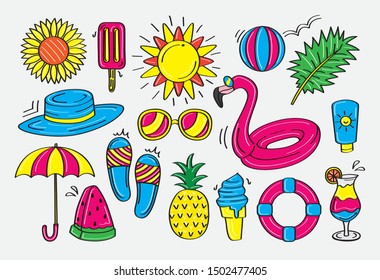 fun and colorful summer doodle vector. bright summer items for woman and girl.