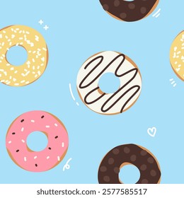 fun colorful sweet yummy donut bakery seamless pattern 