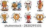 A fun and colorful vector collection of 1930s-style vintage cartoon fast food mascots with retro rubber hose limbs and pie eyes. Features a french fries box riding a skateboard making a peace sign, a burger and soda cup walking arm in arm as best friends, a cool ice cream cone wearing sunglasses and making a heart hand gesture, a friendly hot dog wearing a red cap, a happy pizza slice, a glazed donut ice skating, a winking red soda cup, and a cheerful pretzel with open arms. Designed with bold outlines, warm beige background tones, and playful star sparkles. Ideal for food truck branding, diner decor, sticker packs, apparel prints, poster art, and vintage-themed graphic design assets.