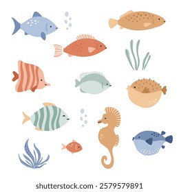 A fun and colorful vector collection of various sea creatures, including fish, seahorses, pufferfish, and aquatic plants in a playful and cartoonish style. Ideal for marine-themed designs