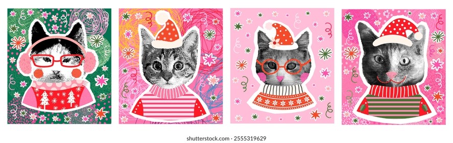 Fun colorful vector greeting cards, posters with cute funny cats with ugly Christmas sweaters, halftone collage