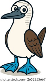 Fun and colorful vector illustration of a cute blue-footed booby bird with bright blue feet and big eyes. Perfect for educational materials, kids’ books, stickers, and cartoon projects. Editable EPS.