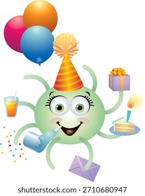 Una Ilustración vectorial divertida y colorida de un monstruo de dibujos animados verde lindo que celebra un cumpleaños. El monstruo lleva un sombrero de fiesta a rayas y sostiene globos, pastel, un regalo, una bebida y un soplador de fiesta.