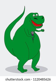 Fun and colorful vector illustration of a happy T-Rex dinosaur singing with a microphone.