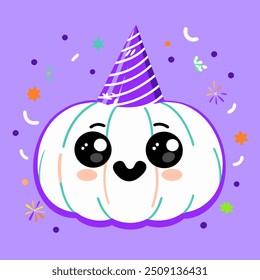 A fun and colorful vector illustration of a kawaii pumpkin with big eyes, wearing a party hat and surrounded by confetti. Perfect for Halloween, celebrations, and festive designs.