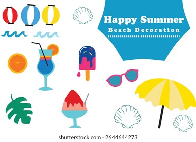 A fun and colorful vector illustration set of summer-themed items including ice cream, shaved ice, smoothies, beach umbrella, lantern stand, sunglasses, leaves, and seashells.