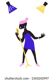 A fun and colorful vector illustration of a singer. African American woman in blue dress sings into microphone.