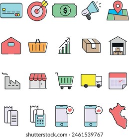 Fun colorful vector linear icons on business-related topics.