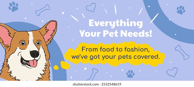 Fun and colorful web banner promoting pet shop essentials with a smiling dog illustration