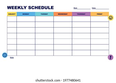 Fun and Colorful Weekly School Subject Schedule with Blank Space for Notes