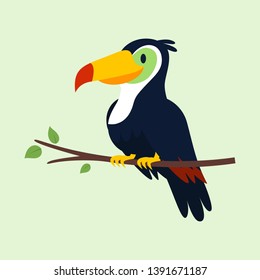Fun Colorfull Black Tropical Toucan with Modern Flat Design Style on tree