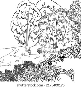 Fun coloring with Little Red Riding Hood and a peeping wolf. Large coloring book in good quality for printing, materials for children. Fairy tale characters.