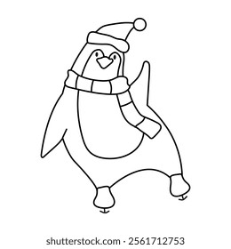 A fun coloring page with Christmas penguin wearing ice skates. Black and white fun arctic bird.