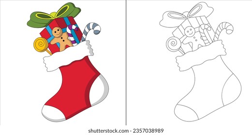 Fun coloring page of a Christmas Stocking filled with presents and candy. Very easy to color.  Coloring page for kids.  Simple coloring page.  Colored Clipart, Xmas card, banner, poster design 
