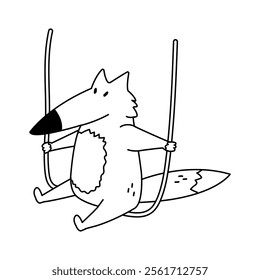 A fun coloring page with a cute fox swinging on a rope. Black and white forest animal.