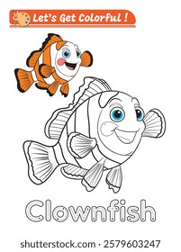 A fun coloring page designed featuring a charming clownfish with thick, bold lines that make it easy to color. Vector illustration of a clownfish, simple lines including a colored version example.