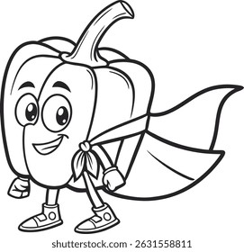 A fun coloring page featuring a bell pepper with a superhero cape. Perfect for kids and creative projects.