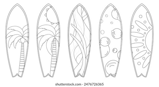 Una divertida página para colorear con cinco diseños de tablas de surf con patrones tropicales y abstractos. Perfecto para actividades creativas de verano.