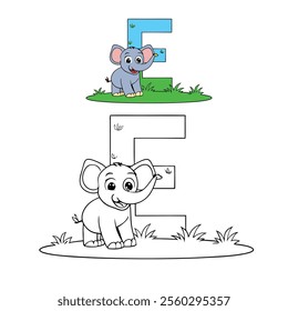 A fun coloring page featuring the letter "E" with a cute little elephant, perfect for young artists to enjoy while learning the alphabet and expressing creativity.