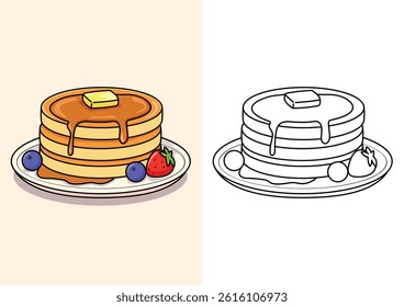 A fun coloring page featuring pancakes topped with strawberries, blueberries, and butter. Includes both colorful and black-and-white versions for kids and adults.