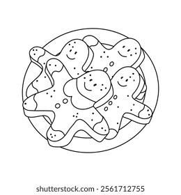 A fun coloring page featuring a plate with a stack of gingerbread men. Black and white Christmas cookies.