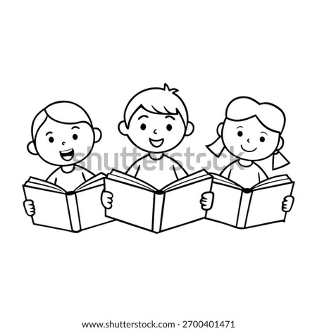 A fun coloring page of happy kids sitting together reading books and studying, sharing ideas and learning with joy in a cozy classroom or library setting full of imagination.
