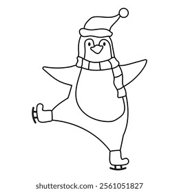 Fun coloring page with an ice skating penguin. Black and white doodle arctic bird wearing a striped scarf and a hat.