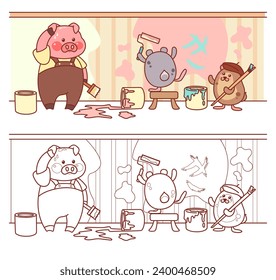 Fun coloring page of piglet and hamsters paint walls. Cute characters is doing repair in room. Funny vector illustration.