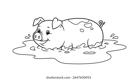 Fun coloring page scene showing a happy pig character joyfully wallowing in a puddle of thick mud