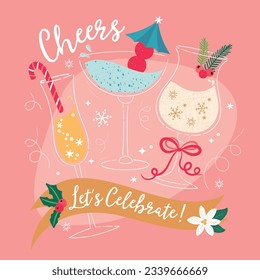 Fun, colourful Christmas party drinks collection, set for card, menu, invitation for festive party season.