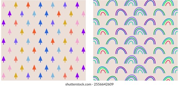 Fun colourful seamless pattern collection. Creative abstract geometric shape background for children or trendy design with collage shapes. Simple and playful doodle wallpaper print