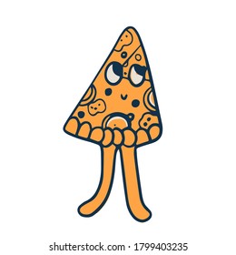 Fun colourful summer pizza with cute faces and legs funky hipster stock vector illustration. For design, wrapping paper, textile wallpaper.