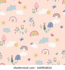 Fun colourful summer weather seamless repeat vector pattern. Children's products, pyjamas, stationery, bedding, gifts