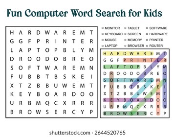 Fun computer word search for kids featuring computer hardware and software terms. Educational game for children, word puzzle to find hidden words.