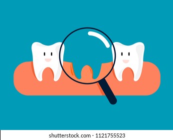 Fun concept about missing tooth. Looking for a tooth with a magnifying glass . Cartoon style. Vector illustration design. 