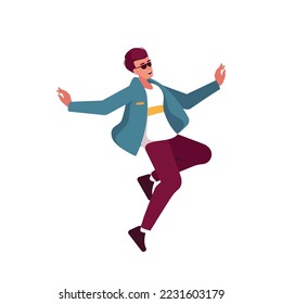Fun Concept with Positive Man In Trendy Clothes Jumping, Rejoice And Laugh Isolated On White Background. Happy Male Character Jump In Air, Feel Happiness Emotions. Cartoon People Vector Illustration