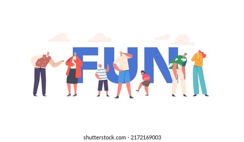 Fun Concept, Poster with Family Characters Laughing at Something Funny. Father, Mother, Kids and Grandparents, Men and Women Crying of Laughter Banner or Flyer. Cartoon People Vector Illustration