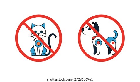 Fun conceptual signs featuring a robot cat and a robot dog inside red prohibition circles on a plain white background.